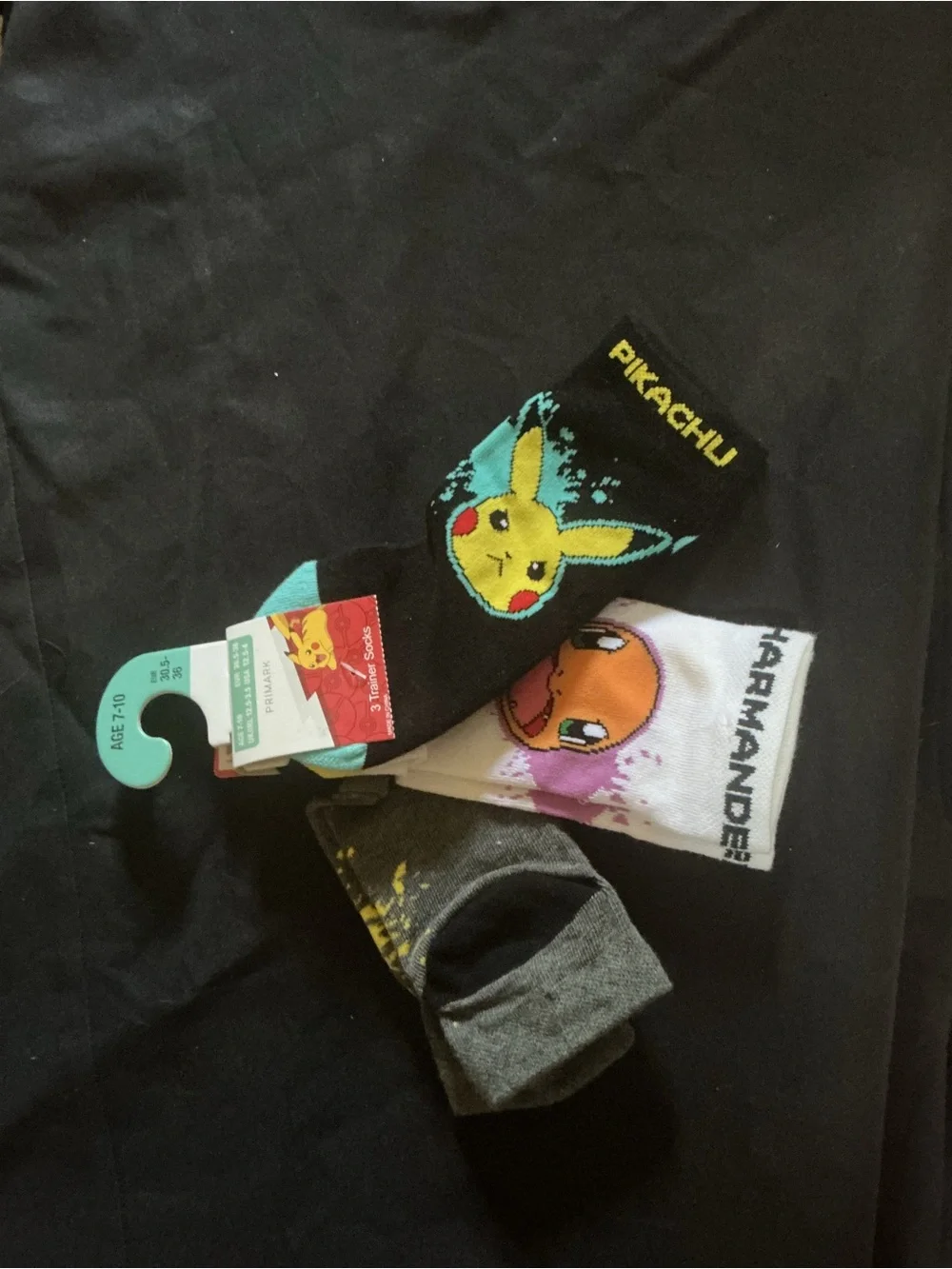 Pikachu & Charmander Kids Crew Socks - Black, White, Gray Size 7- 10